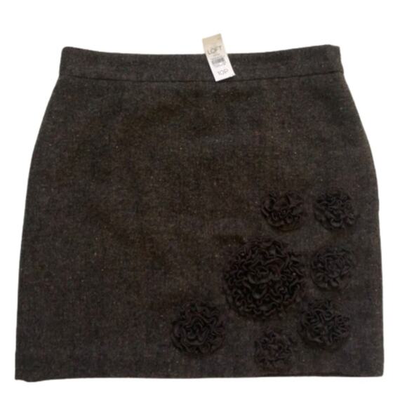 Ann Taylor Loft Skirt Brown Floral Rosette Detail Wool Blend Mini Size 10P NEW - Picture 1 of 11
